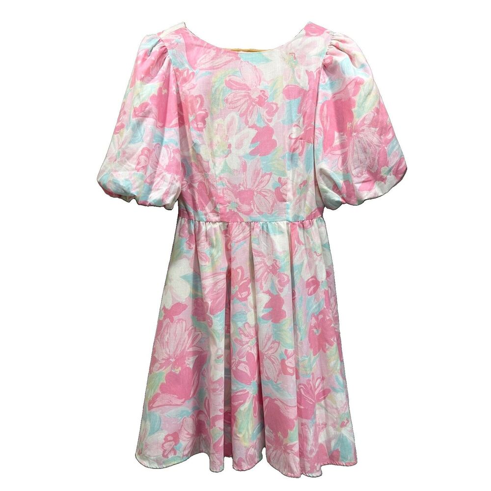 SQUARE DANCE COLLECTION Size 8 Pink Floral Puff Sleeves Made In US Vintage Dress